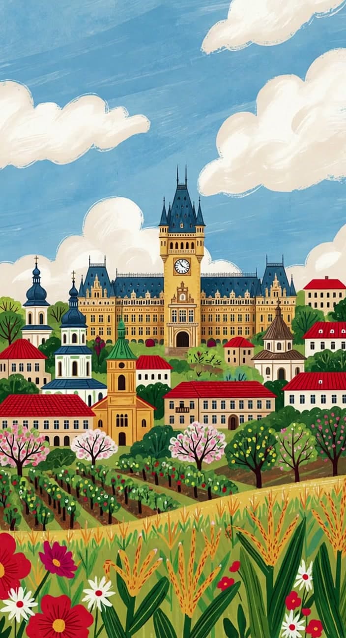 A colorful, hand-painted illustration of Iași, Romania — the Palace of Culture clock tower blending into churches, red-tile roofs, vineyards, and wildflowers