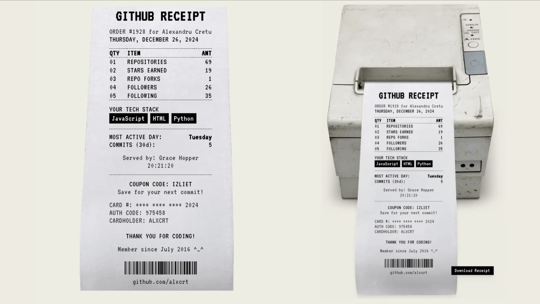 A printed GitHub receipt listing repositories, stars, followers and a tech stack, next to the thermal printer it came out of