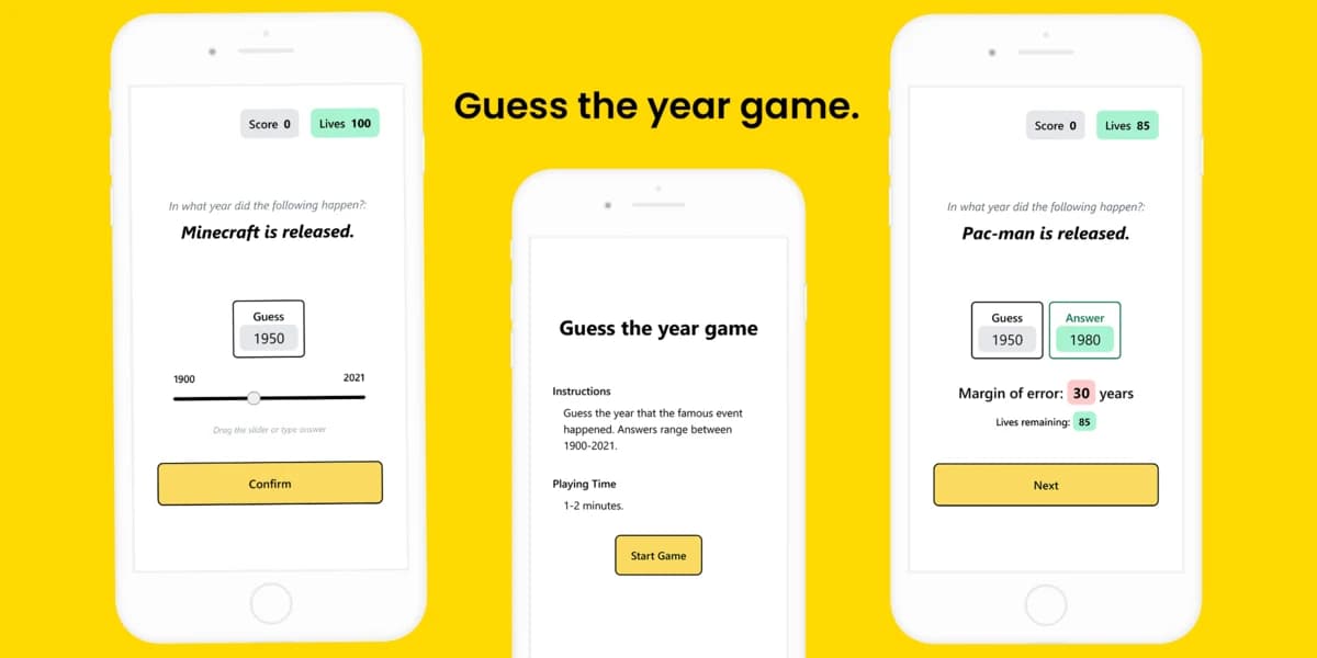 Three phone screens on a yellow background showing guess-the-year gameplay — a question, the start screen, and a scored answer with margin of error