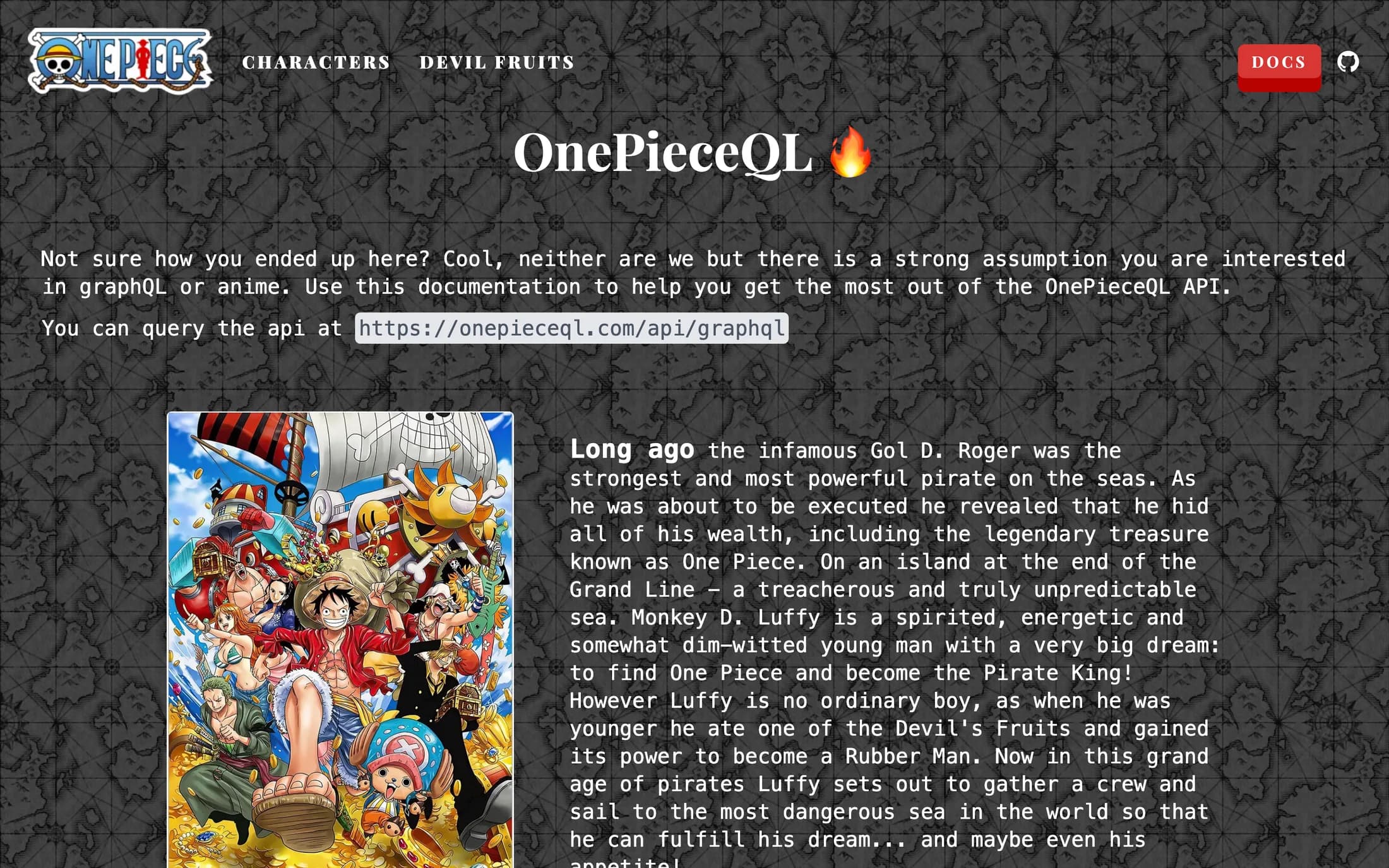 The OnePieceQL docs homepage on a dark treasure-map background, with the query endpoint and an illustrated Straw Hat crew